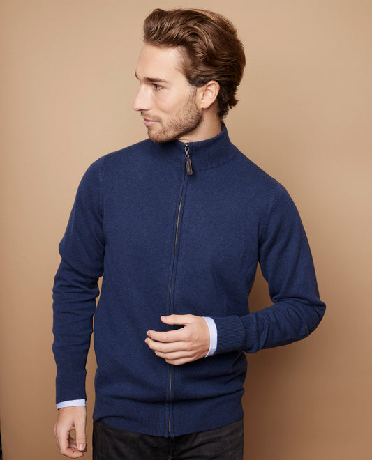 Cardigan zippé 100 cachemire marine clair