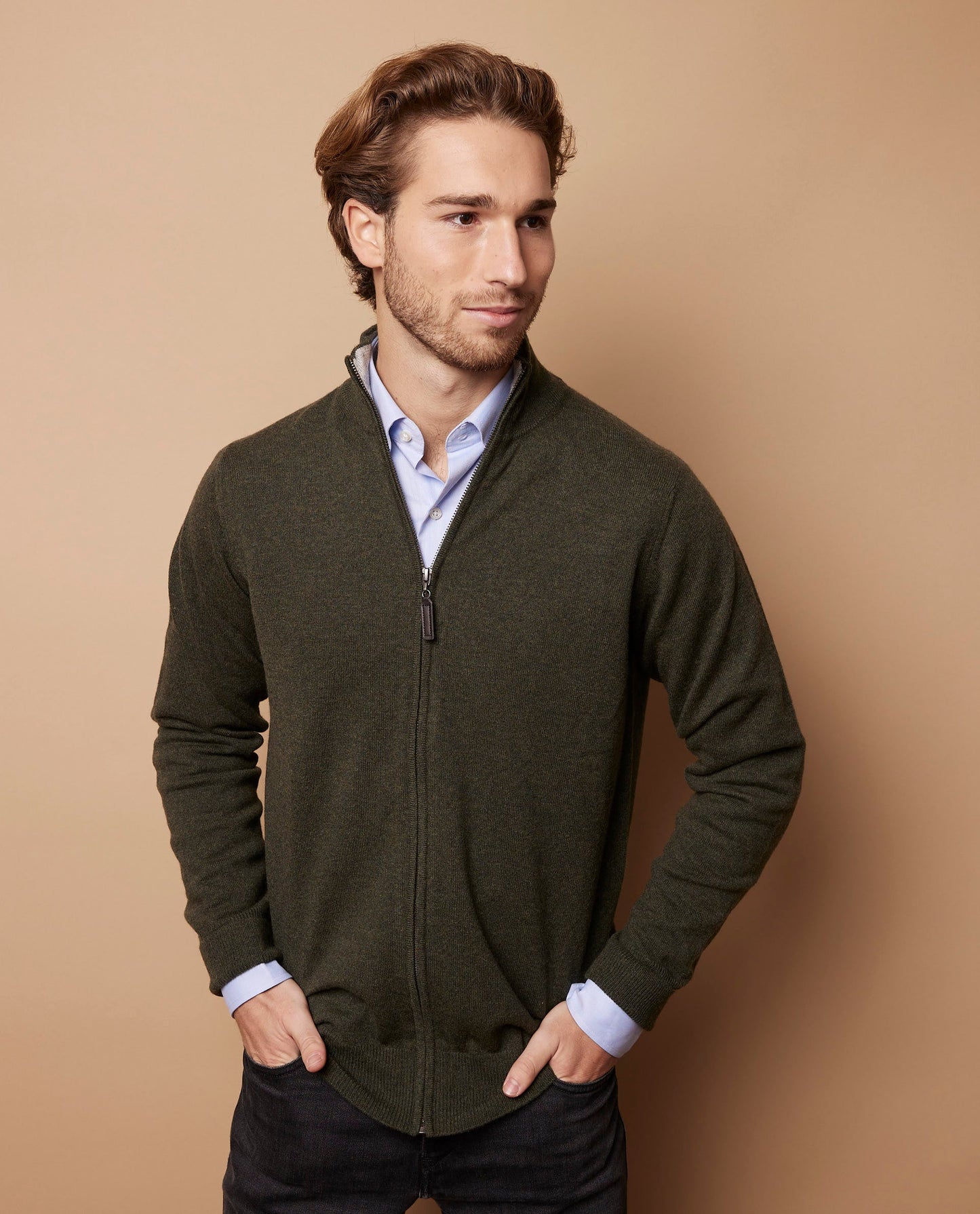 Cardigan zippé 100 cachemire Kaki