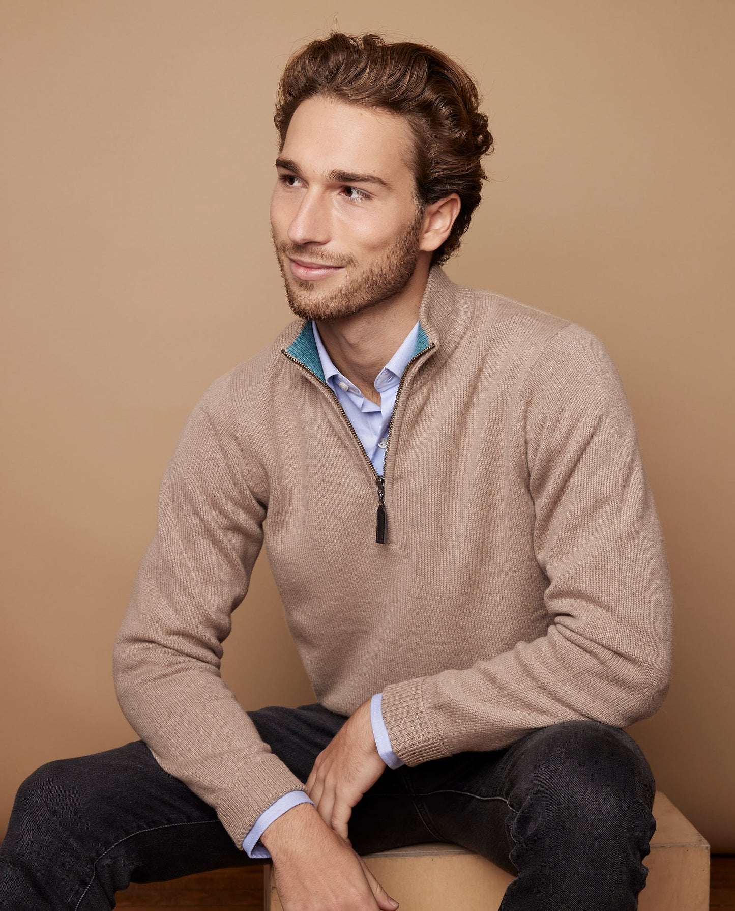 Pull zip camionneur JG7 100 cachemire Beige