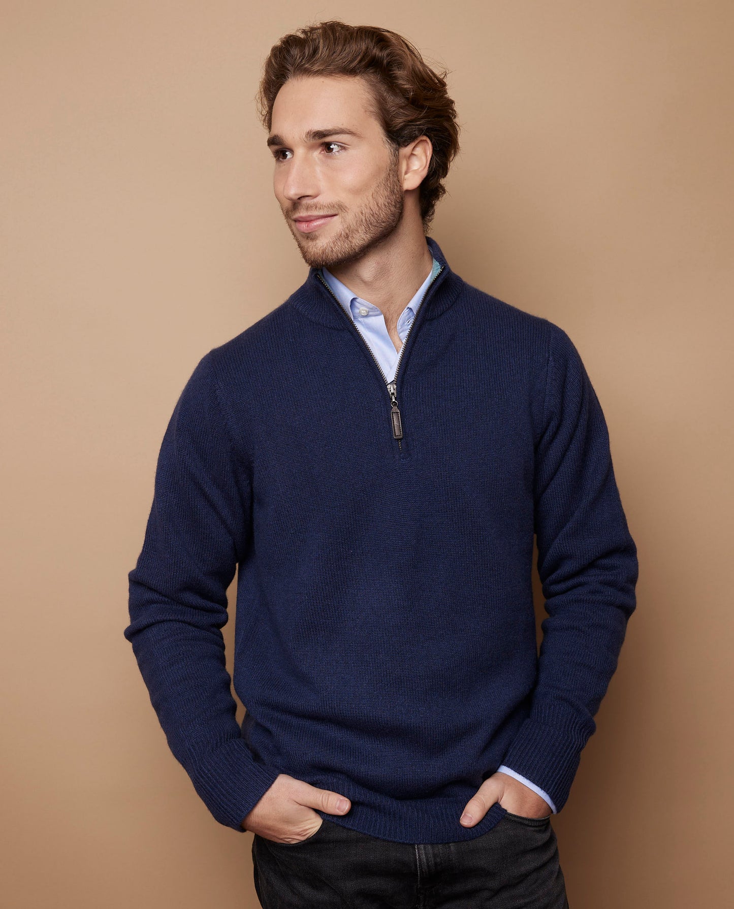 Pull zip camionneur JG7 100 cachemire Marine