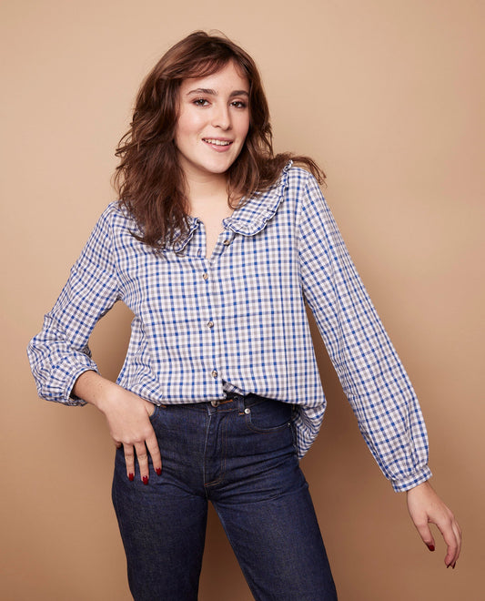 blouse grand col volanté carreau bleu/gris