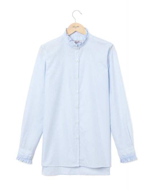 chemisier col et poignets à  volants fine rayure ciel