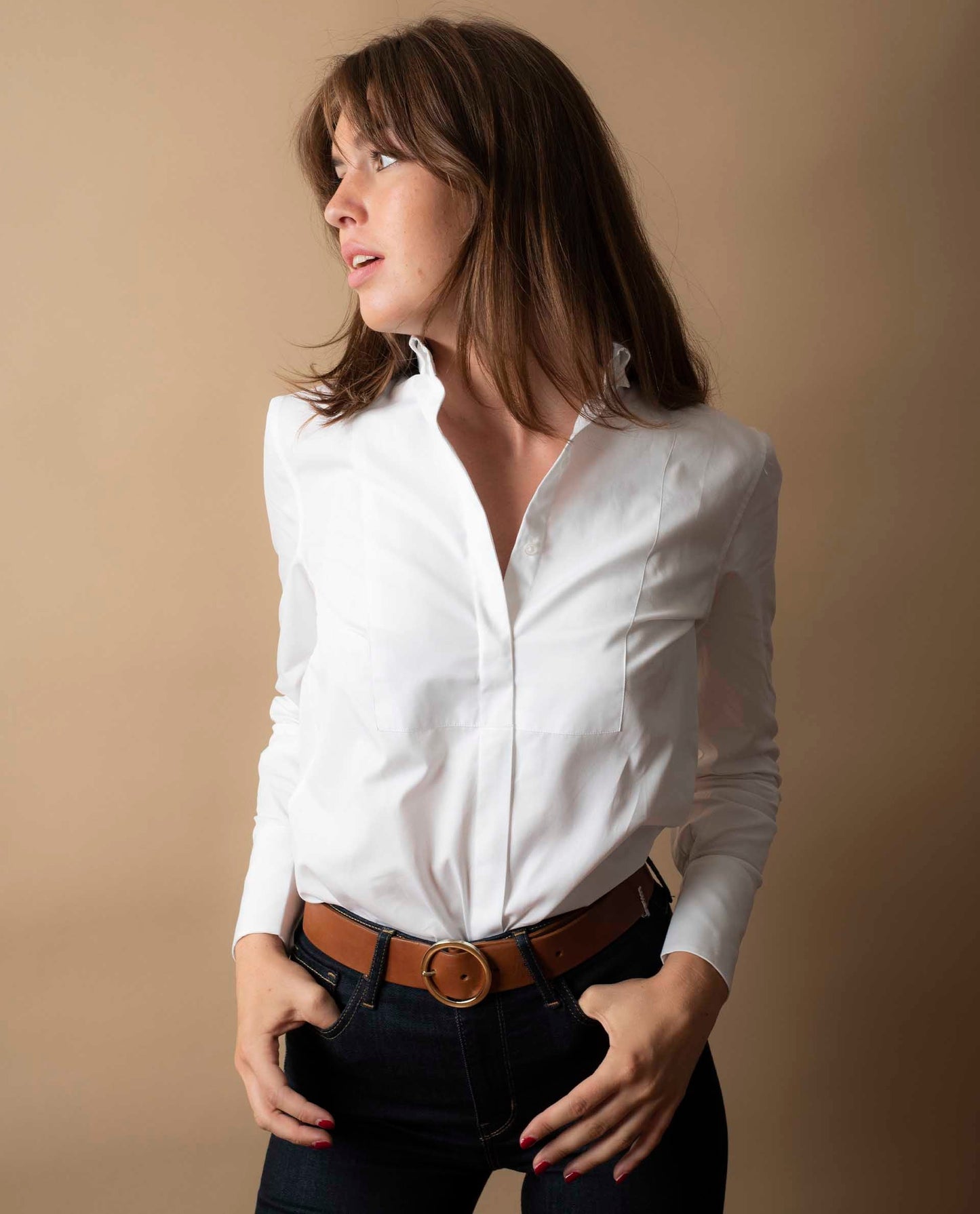 chemisier plastron col fixe coton Blanc