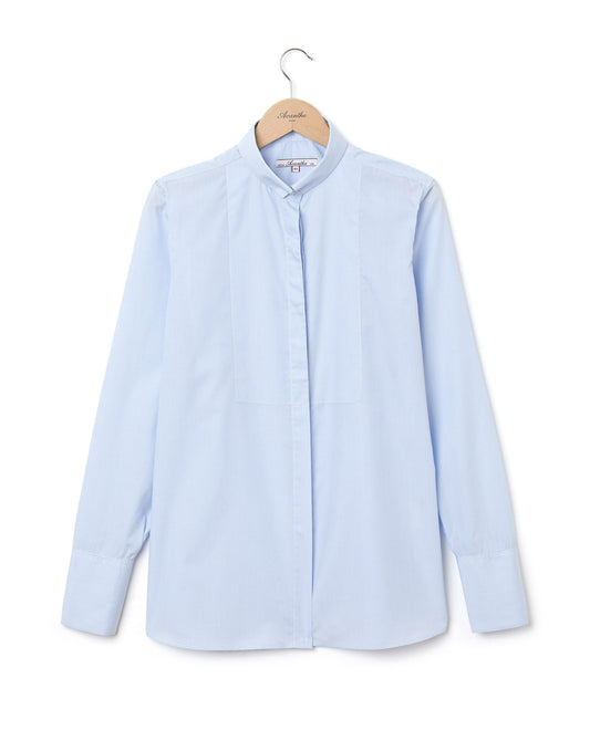 chemisier plastron col fixe coton mini carreau bleu