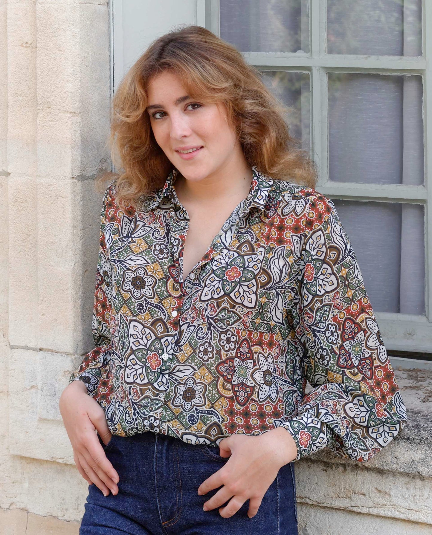 blouse manches bouffantes imprimé kaki