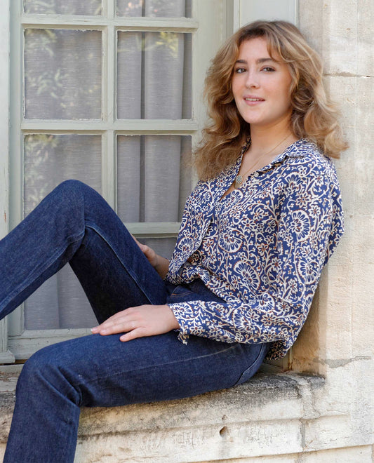chemisier classique pli rond viscose imprimé indien bleu