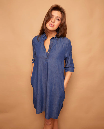 Robe évasée pli creux denim Fe