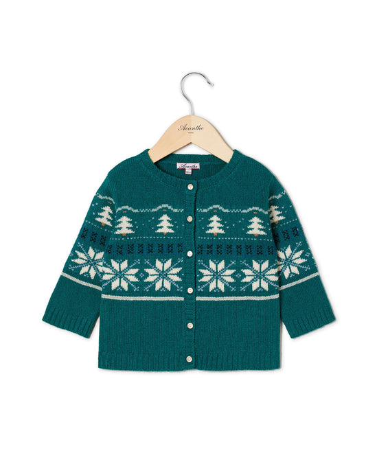 cardigan col rond jacquard 100 lwl Vert