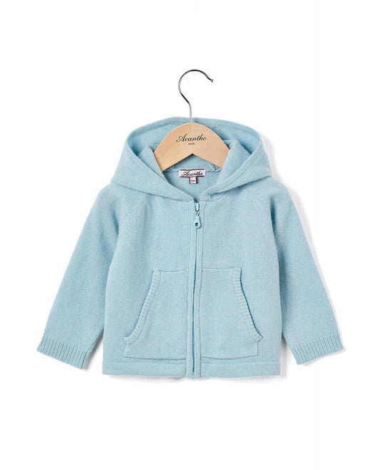 cardigan capuche Naissance 90 laine-10 cachemire bleu vert