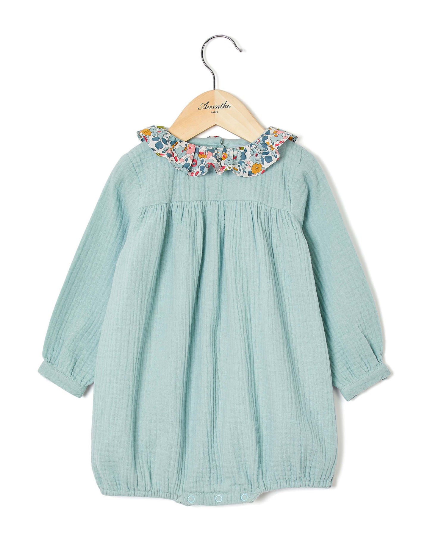 Barboteuse gaze de coton col volanté vert d'eau