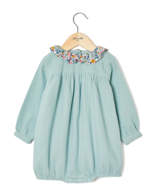 Barboteuse gaze de coton col volanté vert d'eau