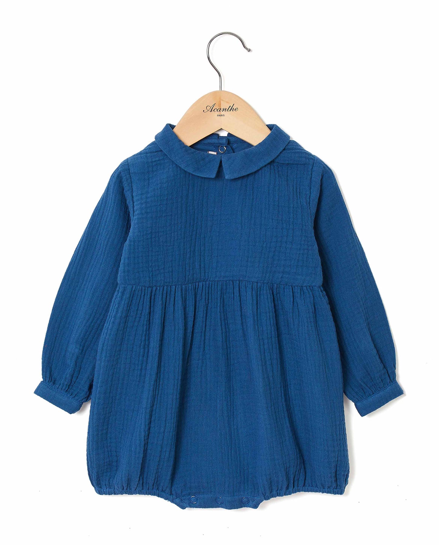 Barboteuse gaze de coton col; carré bleu cobalt