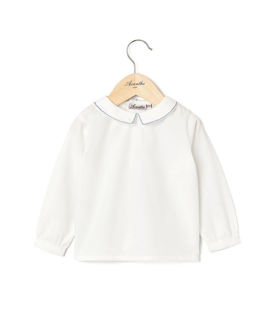 chemisier col carré btns dos ml blanc/liseré bleu