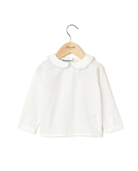 chemisier col rond btns dos ml blanc/liseré vert d'eau