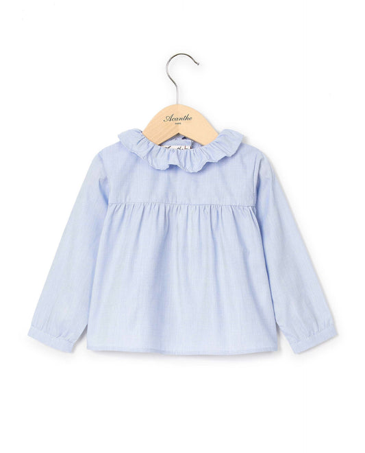 blouse col volanté fil à fil ciel