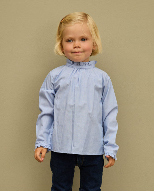 blouse manches longues col volant fil à fil ciel