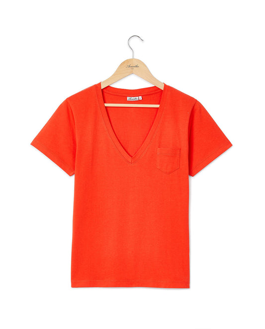 Tee shirt col V coton rouge