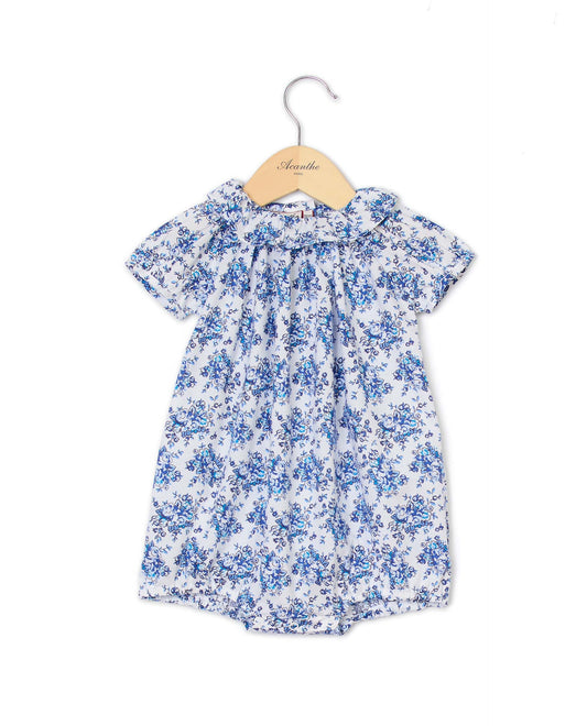 Barboteuse col volanté imprimé fleur bleue