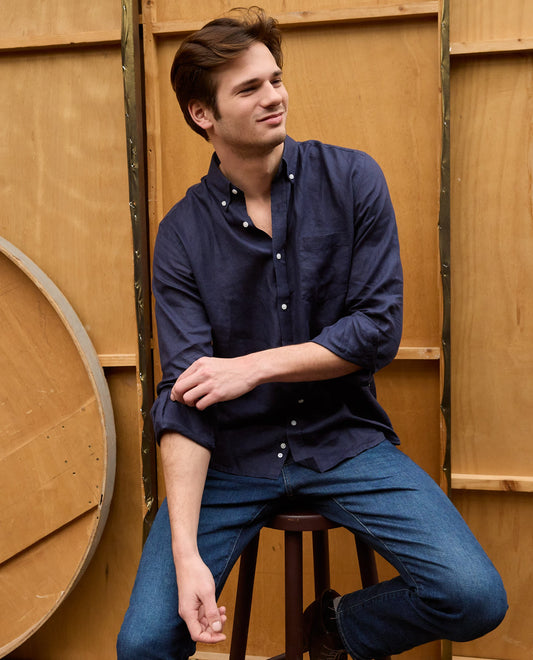 Chemise col boutonné lin marine