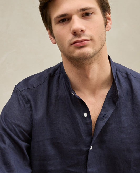 Chemise col mao lin marine