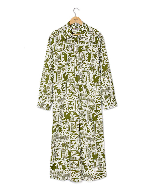Robe chemisier mi-longue voile de coton imprimé jungle