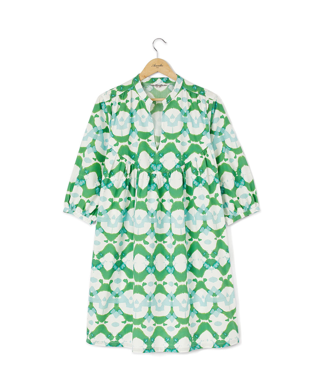 Robe ample manches bouffantes imprimé vert/bleu/blanc