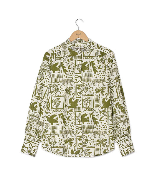 Blouse col mao voile de coton imprimé jungle