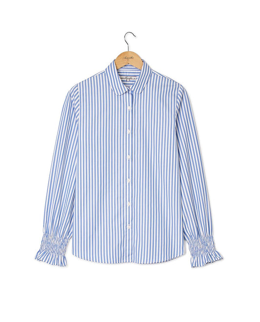 Blouse poignets smockés large rayure bleue