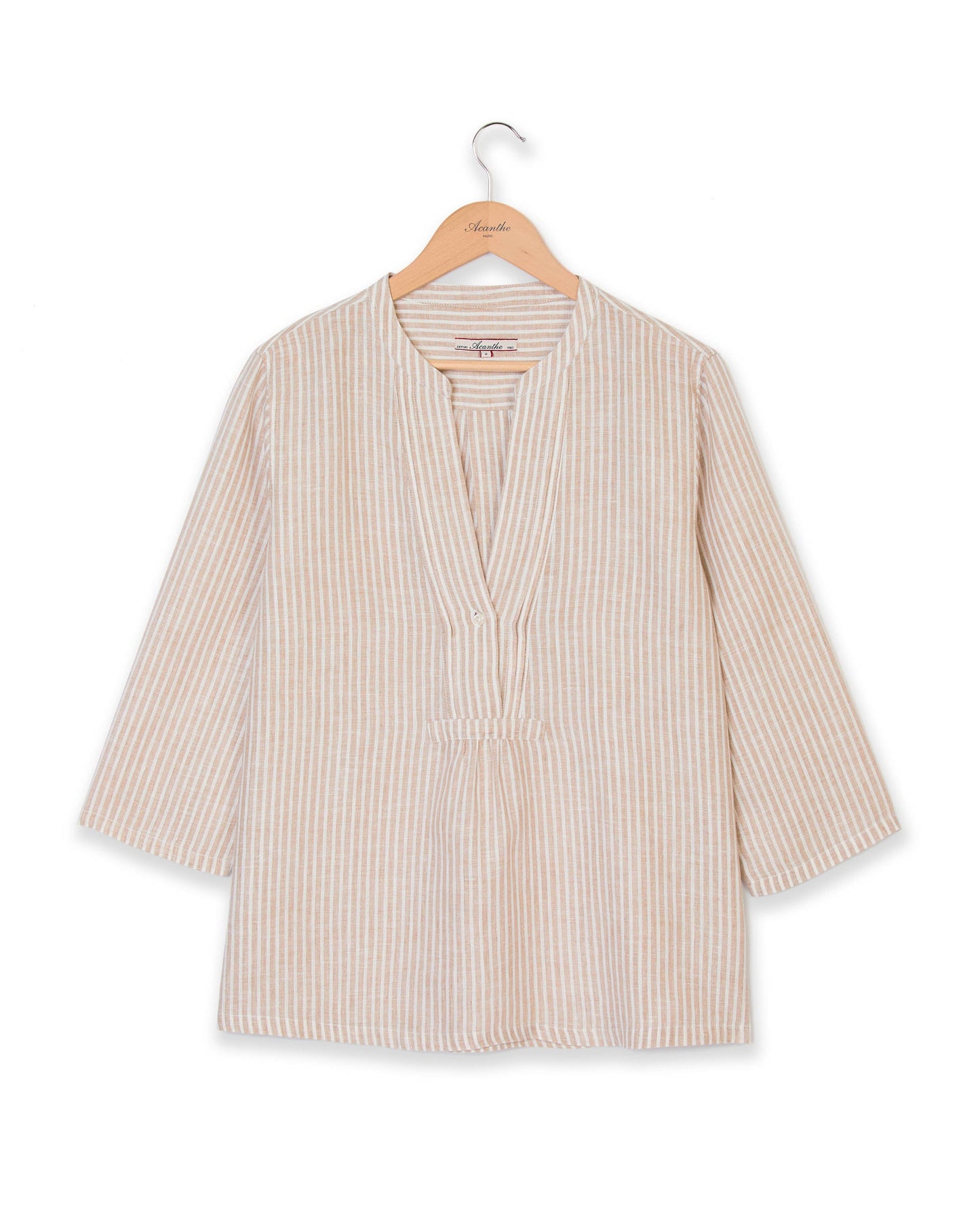 Blouse encolure V croisée lin rayé blanc/beige