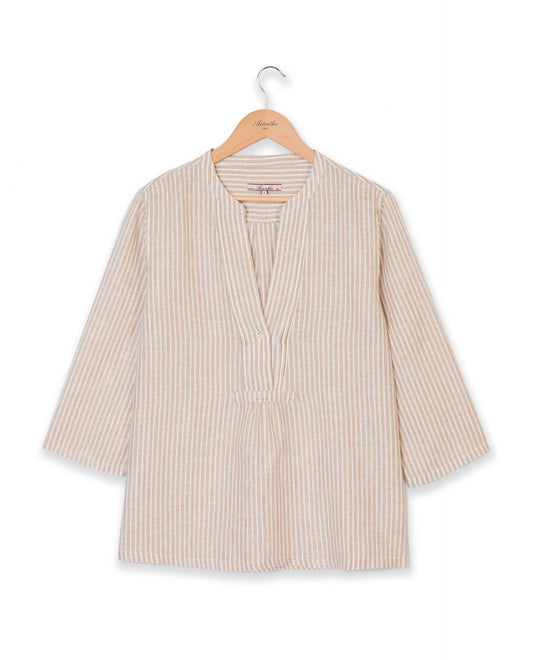 Blouse encolure V croisée lin rayé blanc/beige