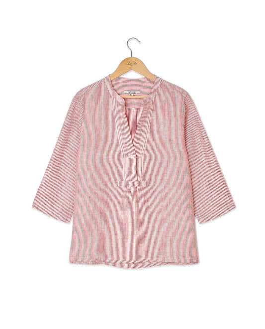 Blouse encolure V croisée lin rayé blanc/rouge