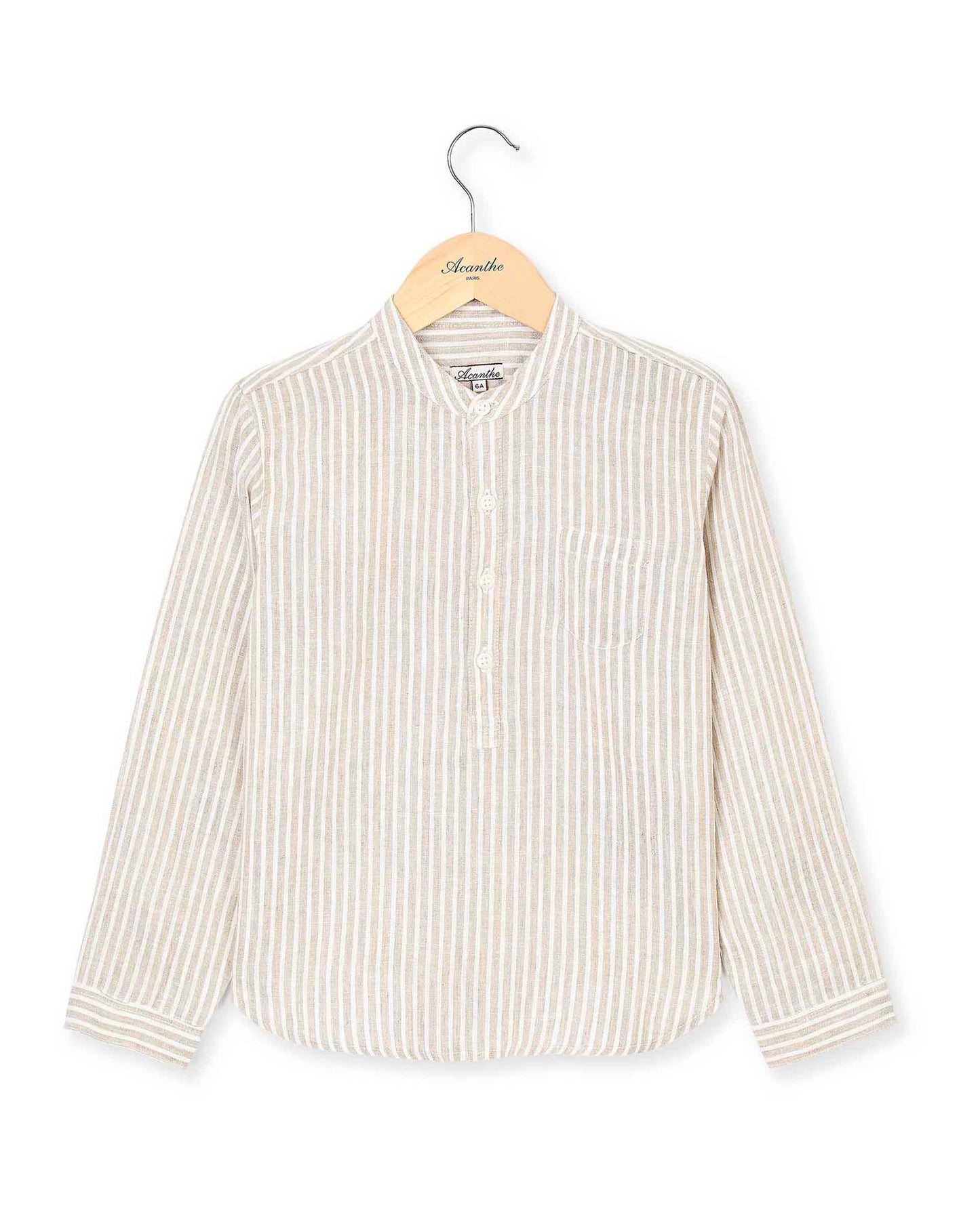 chemise col mao lin rayé beige