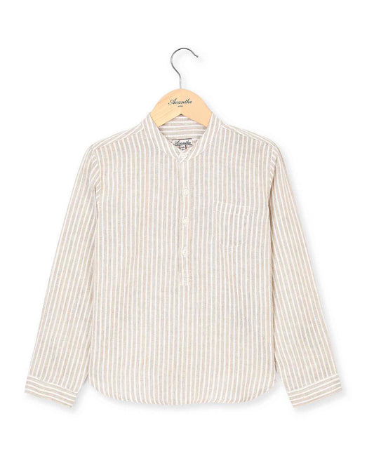 chemise col mao lin rayé beige
