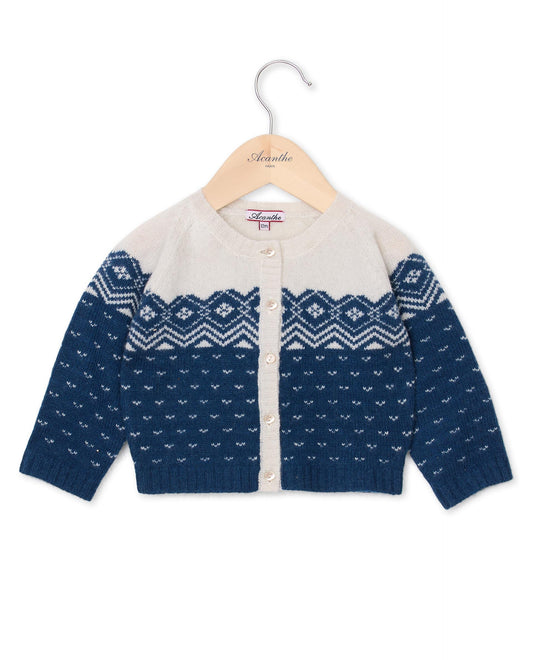cardigan col rond jacquard 100 lwl marine clair