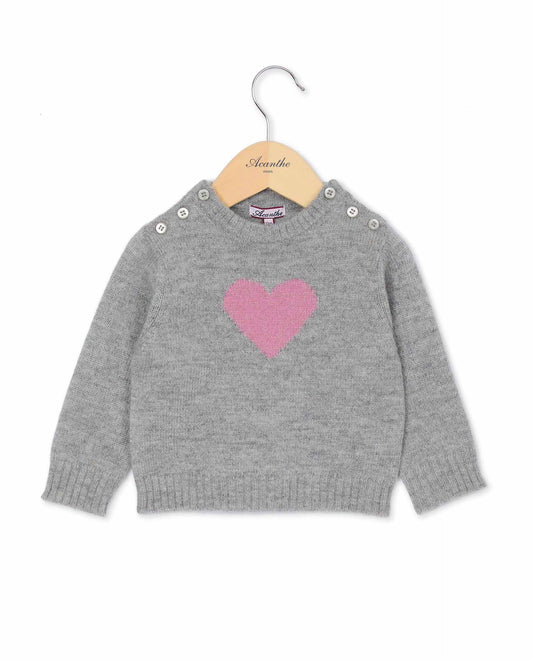 pull col rond jacquard coeur 100 lwl Gris