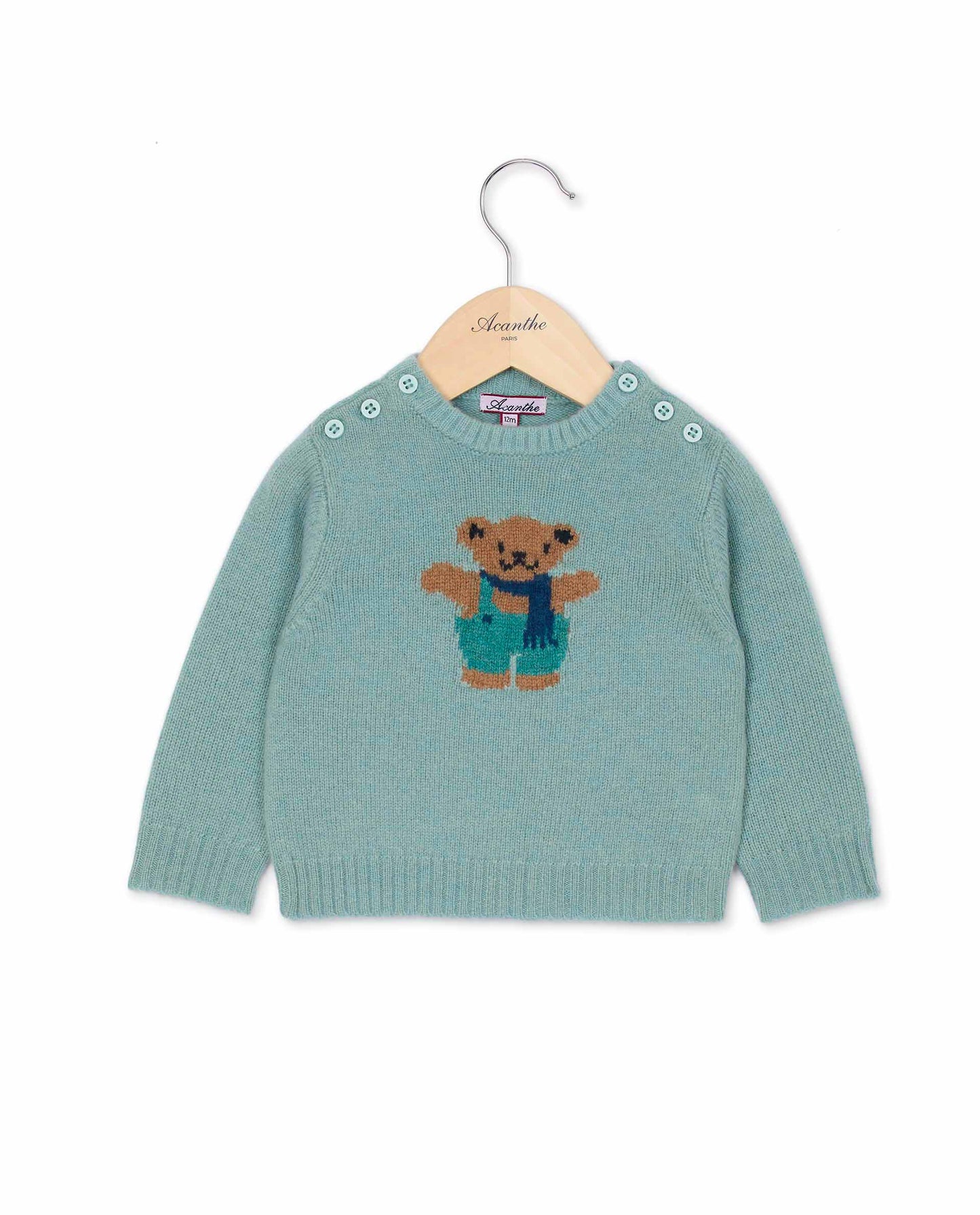 pull col rond jacquard ourson 100 lwl vert d'eau