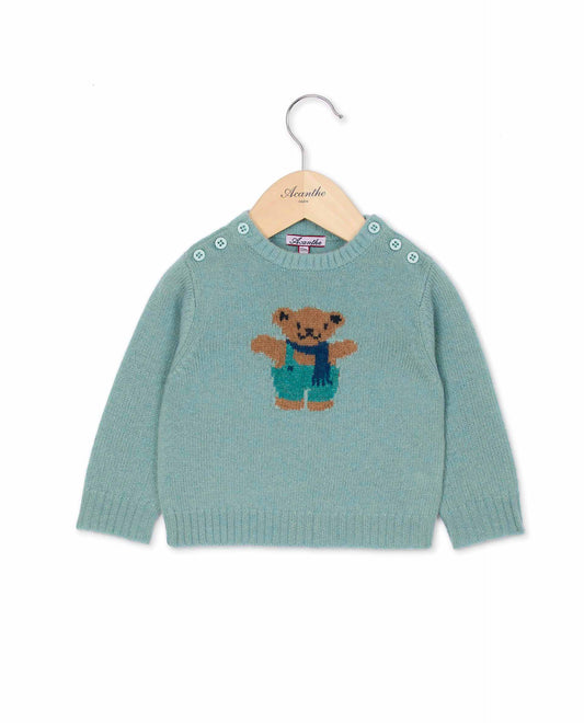 pull col rond jacquard ourson 100 lwl vert d'eau