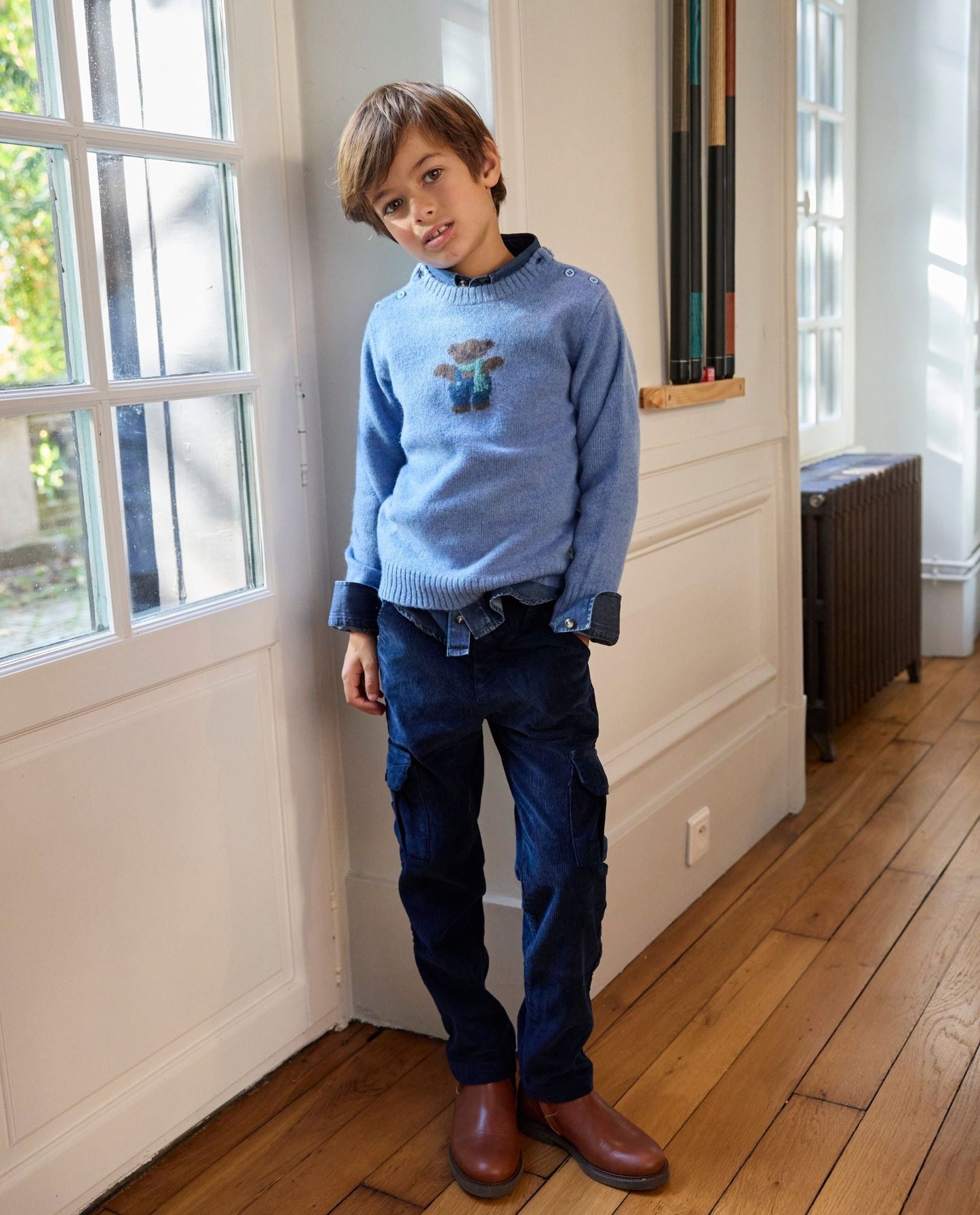 pull col rond jacquard ourson 100 lwl Bleu