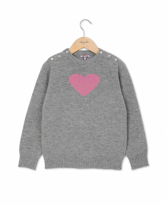 pull col rond jacquard coeur 100 lwl Gris