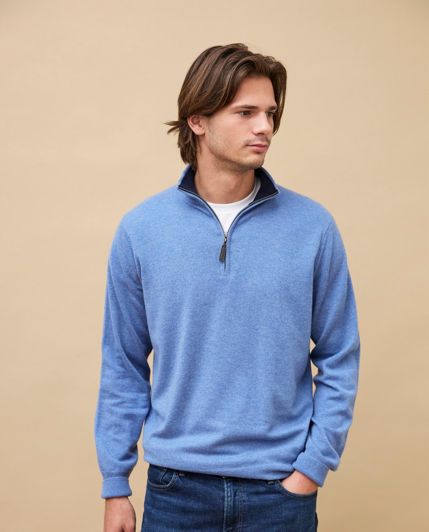 pull zip camionneur 100 cachemire bleu chiné