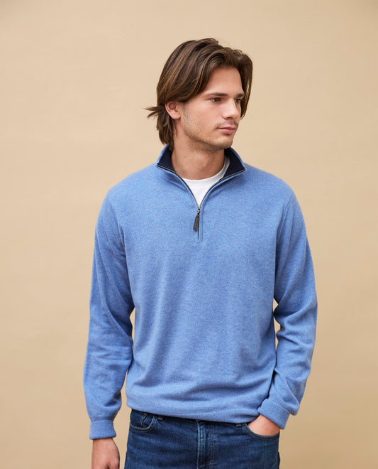 pull zip camionneur 100 cachemire bleu chiné