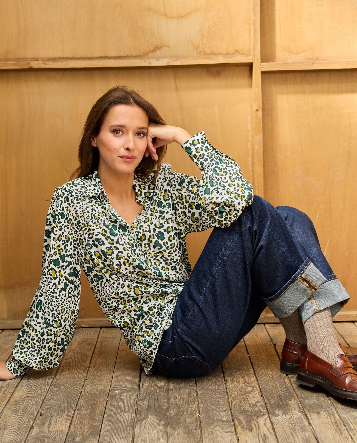 blouse manches bouffantes imprimé panthère vert