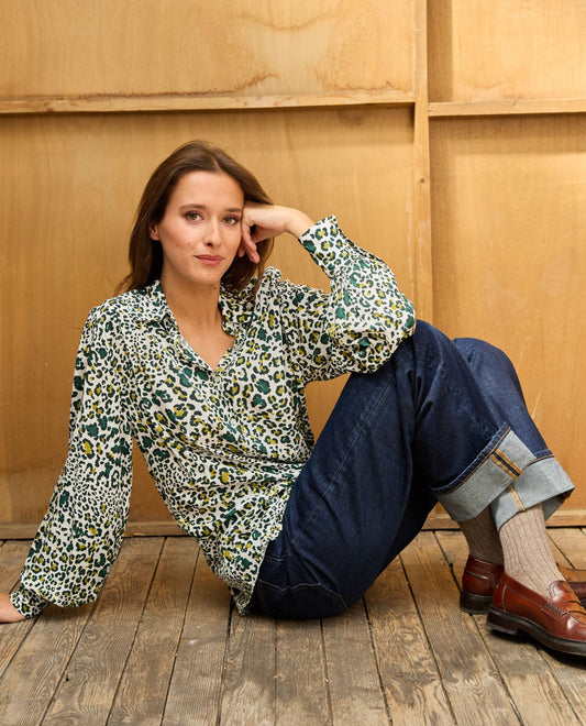 blouse manches bouffantes imprimé panthère vert