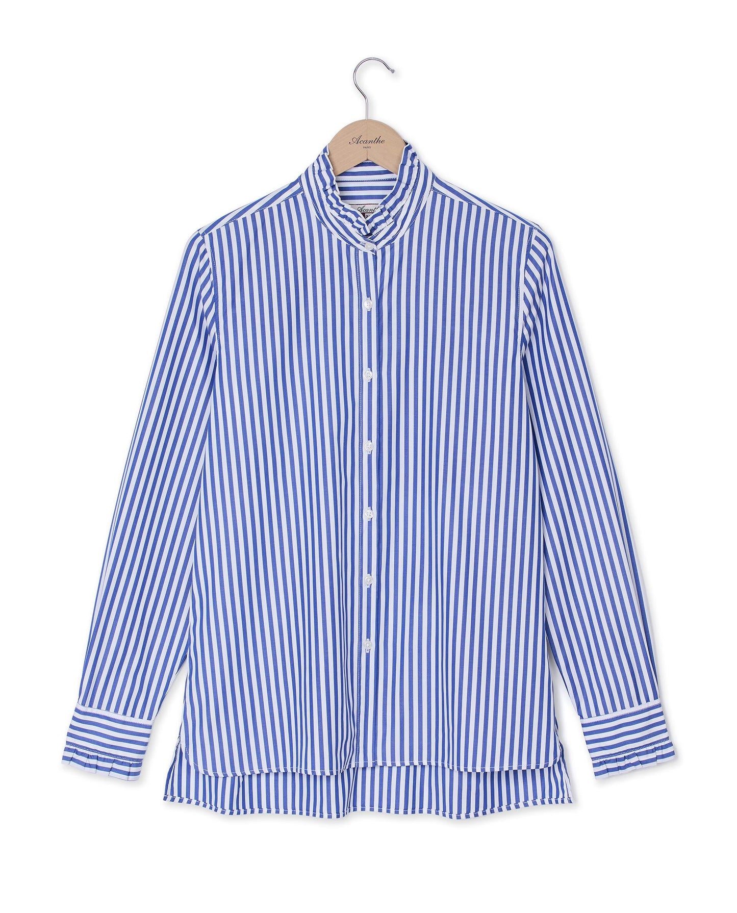 chemisier col et poignets à  volants large rayure blanc/bleu