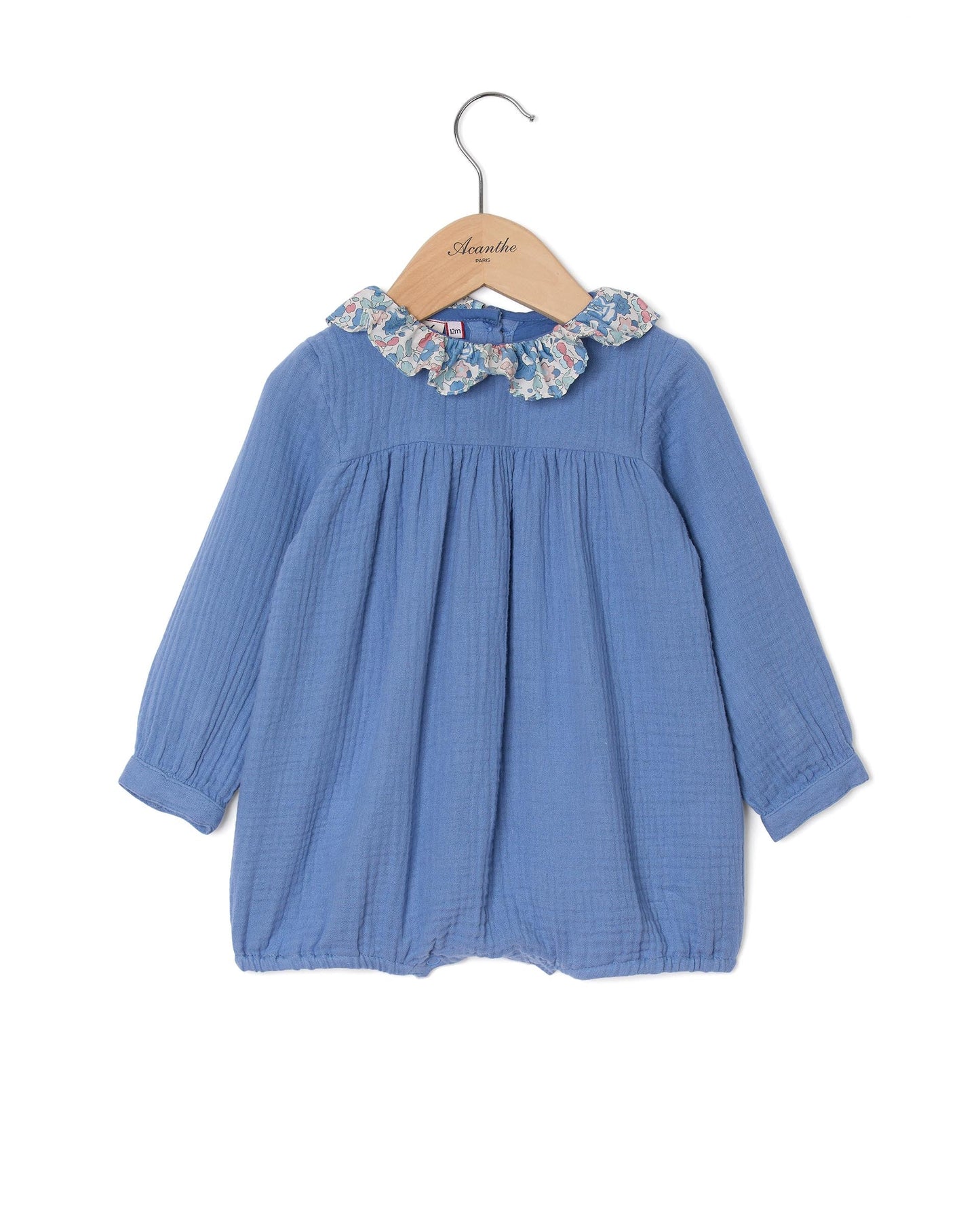 barboteuse gaze de coton col volanté tissu Liberty Bleu