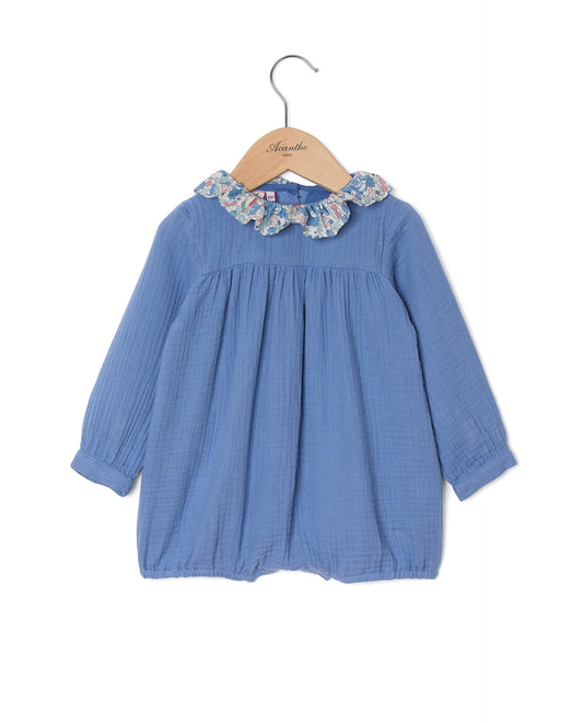 barboteuse gaze de coton col volanté tissu Liberty Bleu