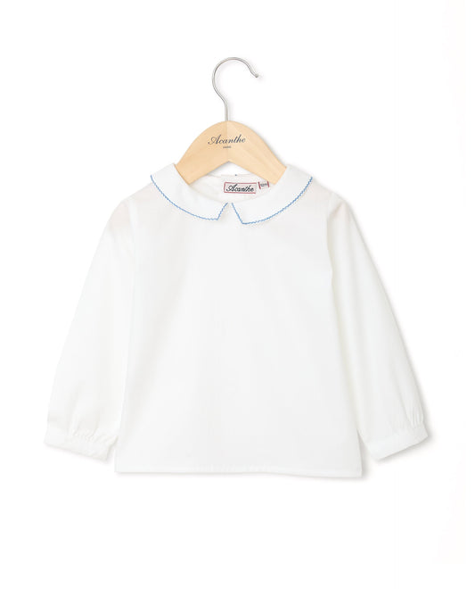 chemisier col carré btns dos ml blanc/liseré bleu