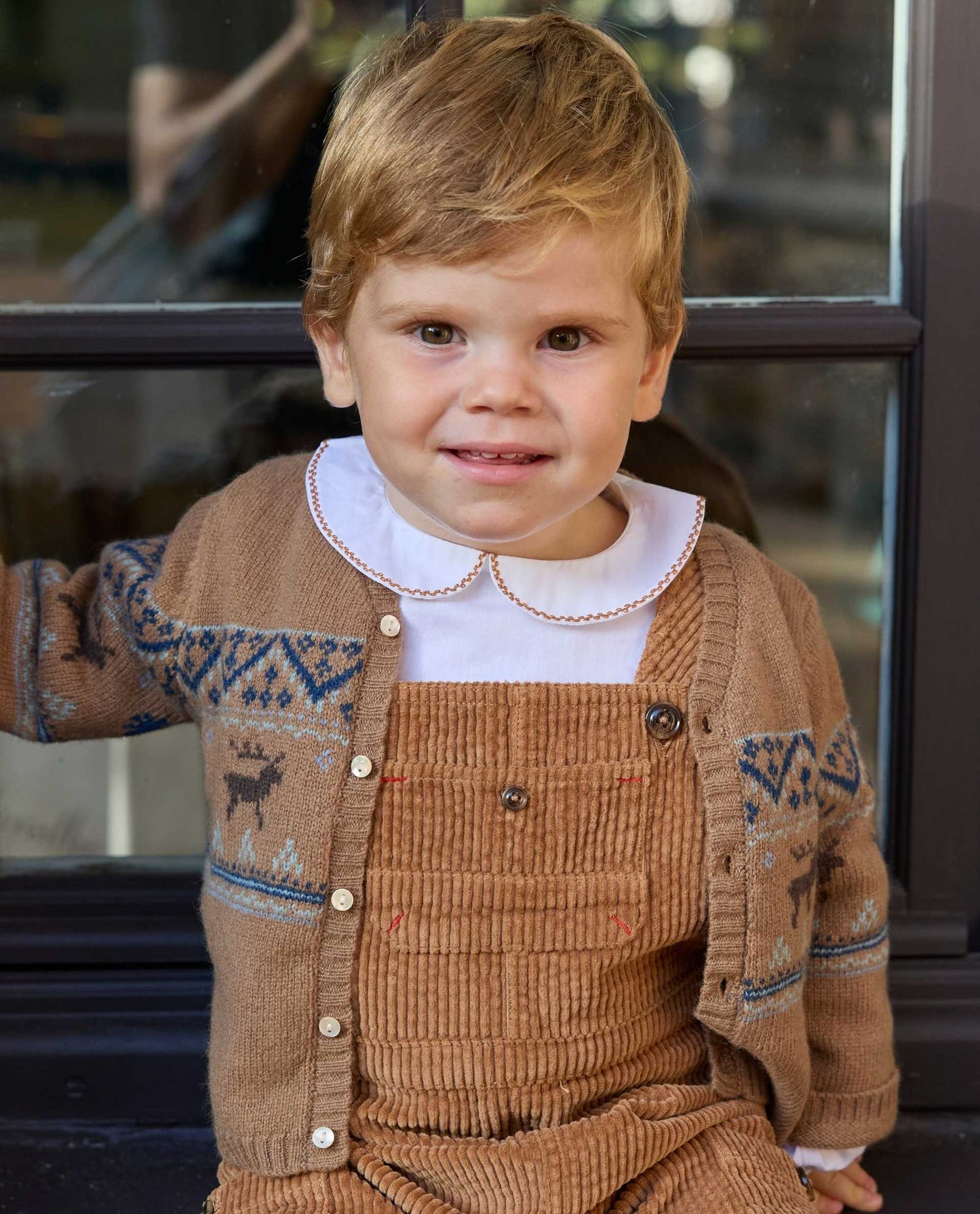 chemisier col rond btns dos ml blanc/liseré camel