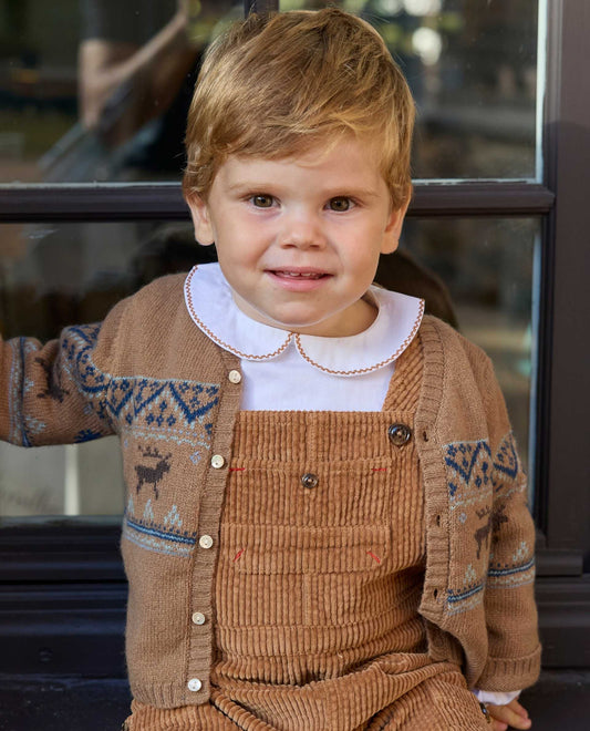 chemisier col rond btns dos ml blanc/liseré camel