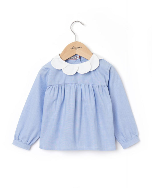 chemisier col pétale ml fil à  fil ciel